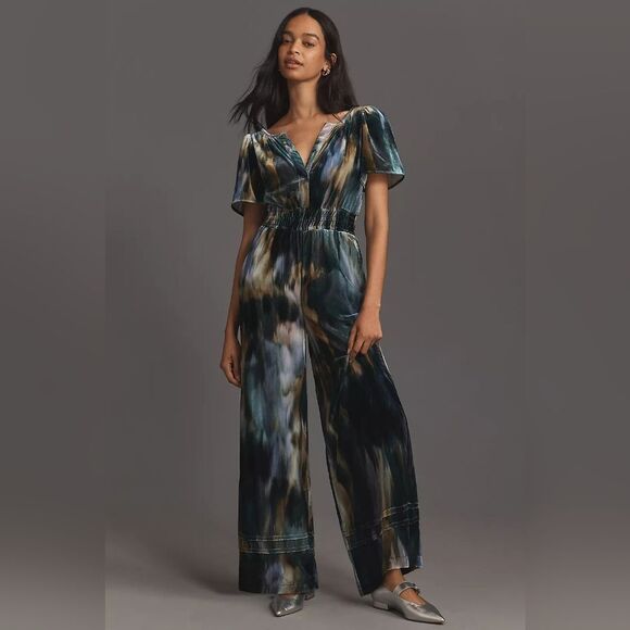 Anthropolgie The Somerset Jumpsuit: Velvet Edition In Blue Pattern Size XS NWT